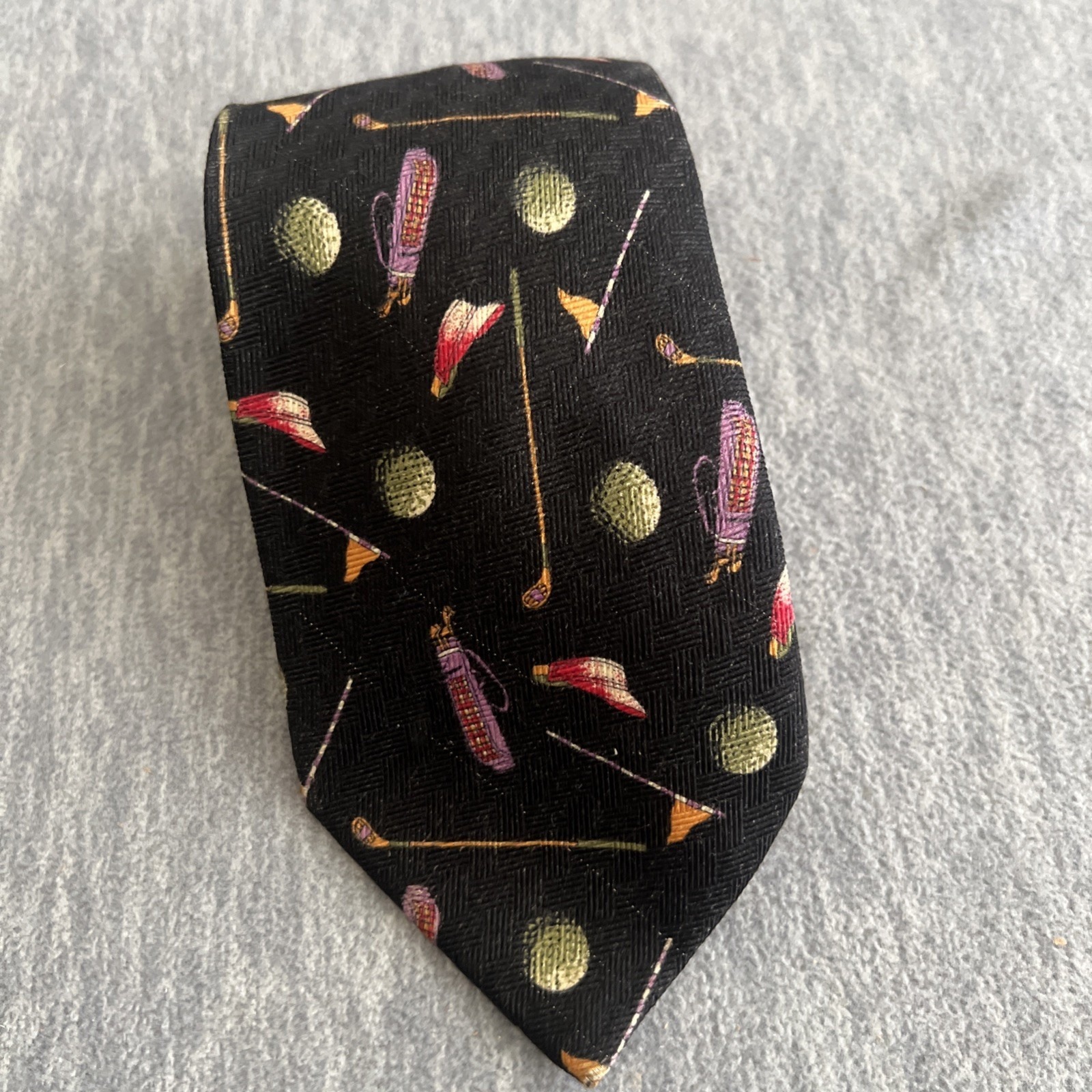 Prima Silk Tie Mens Golf Balls Clubs Flags Fathers Day Black Colorful Career